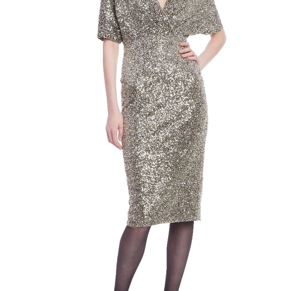 Badgley Mischka Dresses & Skirts - Badgley Mischka Sequin Cocktail Dress Gunmetal Size 10 v-neck Midi Glam
